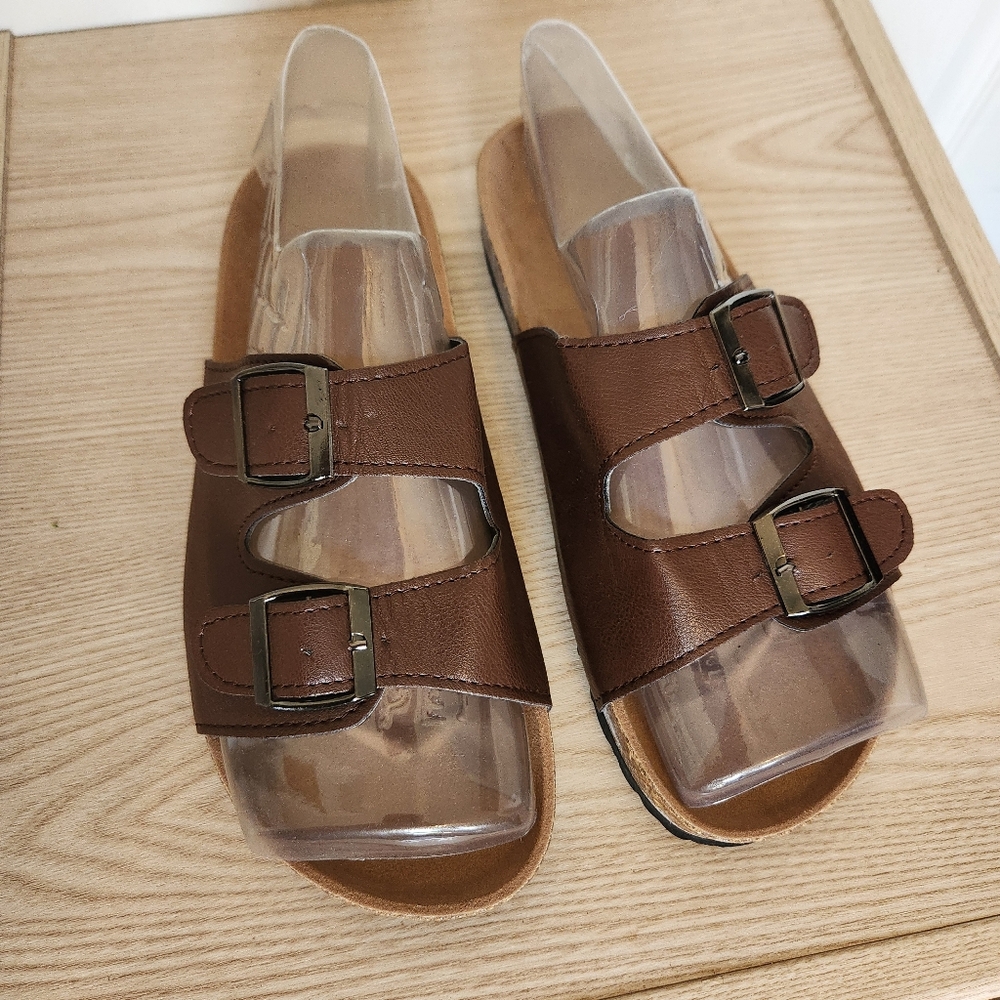 Ruiz Brown Double Buckle Slip On Sandals Size 7M